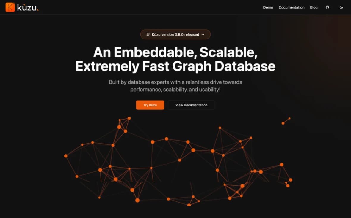 Kuzu’s redesigned homepage: an embeddable, scalable, extremely fast graph database